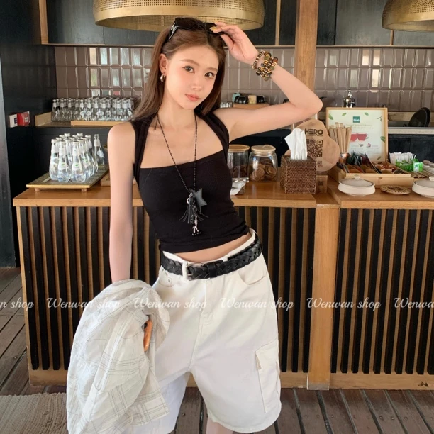 【元英look】3色！方领吊带背心女夏辣妹纯色修身显瘦吊带