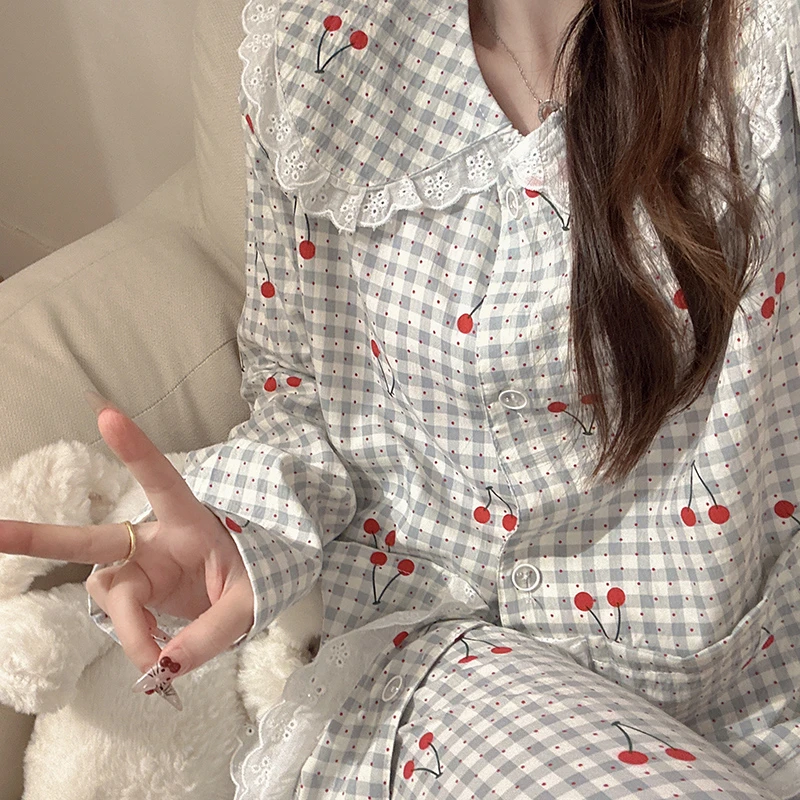 格子小樱桃春秋新款睡衣女甜美可爱云朵棉长袖卡通舒适家居服套装