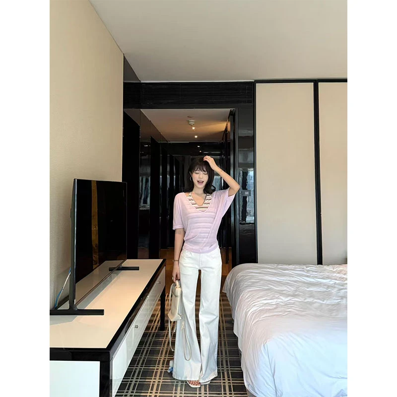 紫色条纹v领吊带背心女早秋系带薄款大v领设计感白色直筒牛仔长裤