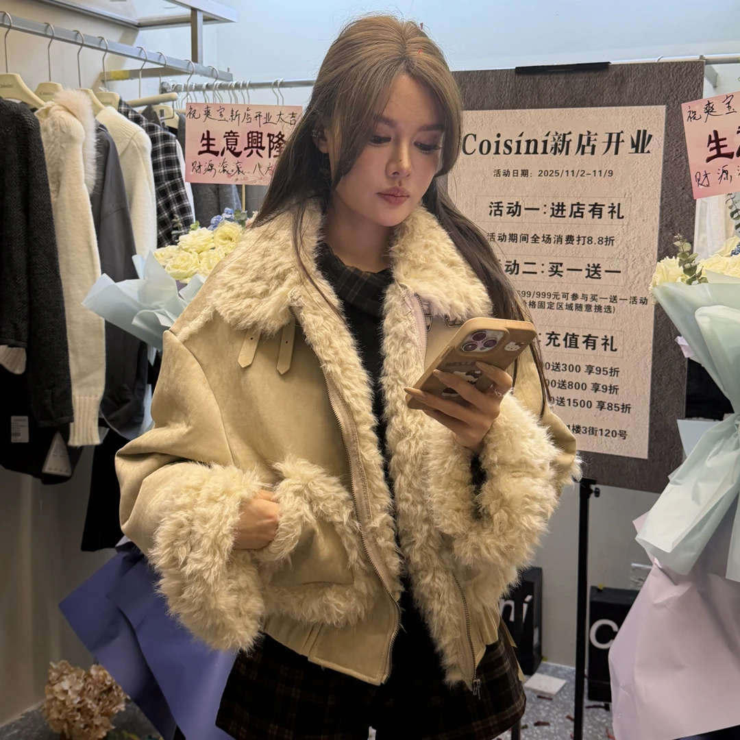慵懒风韩版机车服复古港风翻领女短外套薄款冬季