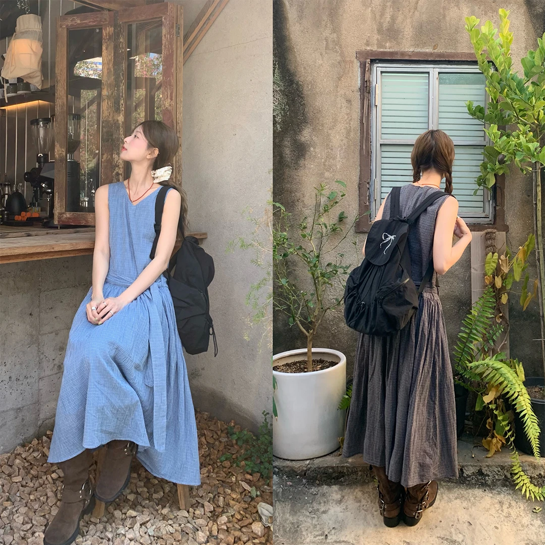 RAINY 欧若风格纹背心绑带连衣裙春秋女中长款棉A字内搭格子裙子