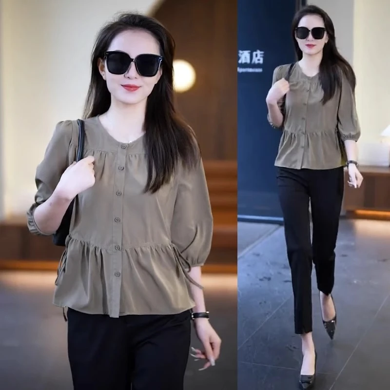2025春秋新款时尚洋气上衣遮肚子显瘦八分泡泡袖衬衣圆领中袖衬衫