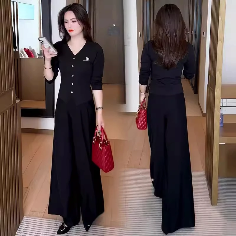 时尚套装女2025春季新款V领刺绣修身显瘦T恤上衣休闲阔腿裤两件套