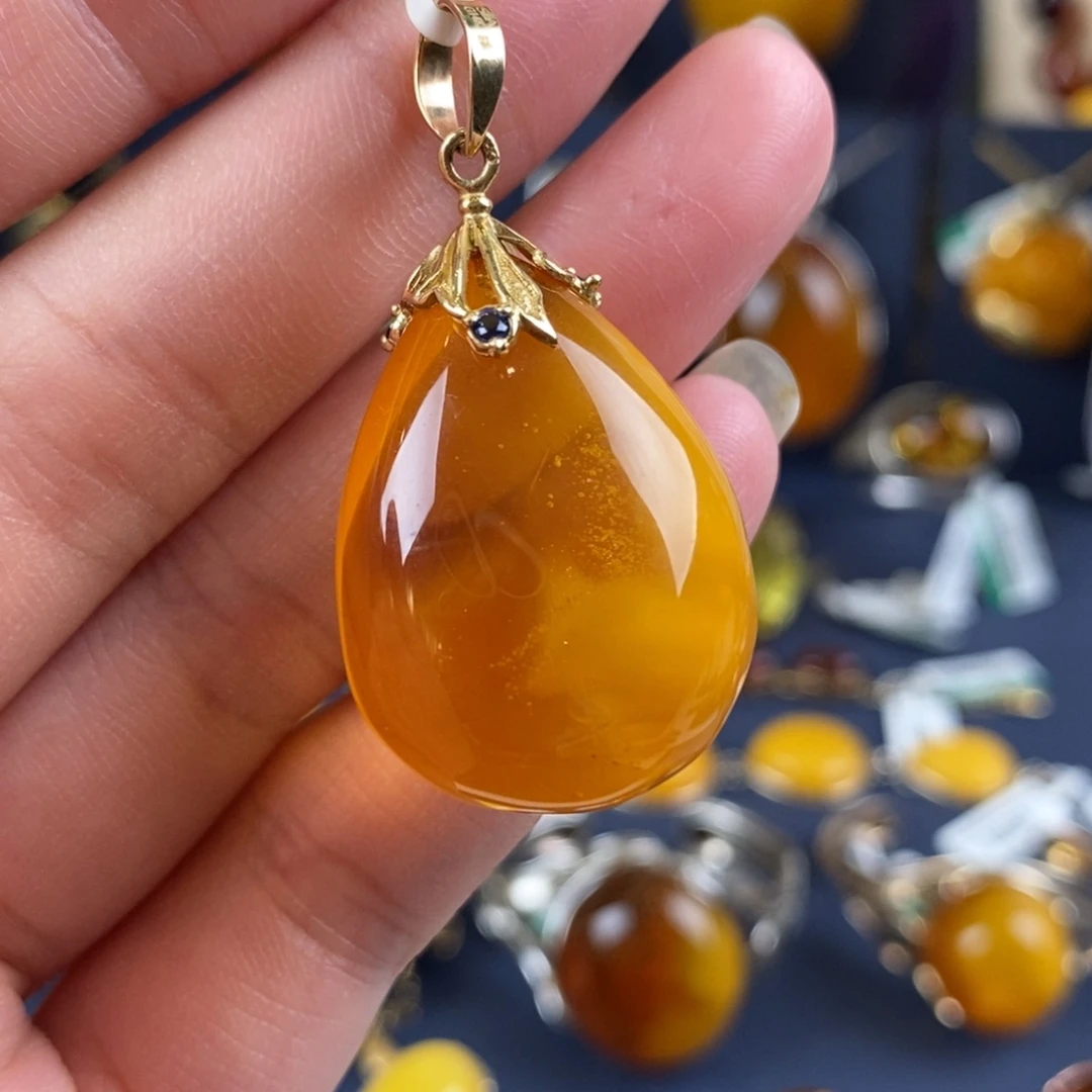 琥珀颈饰14K金镶嵌复古