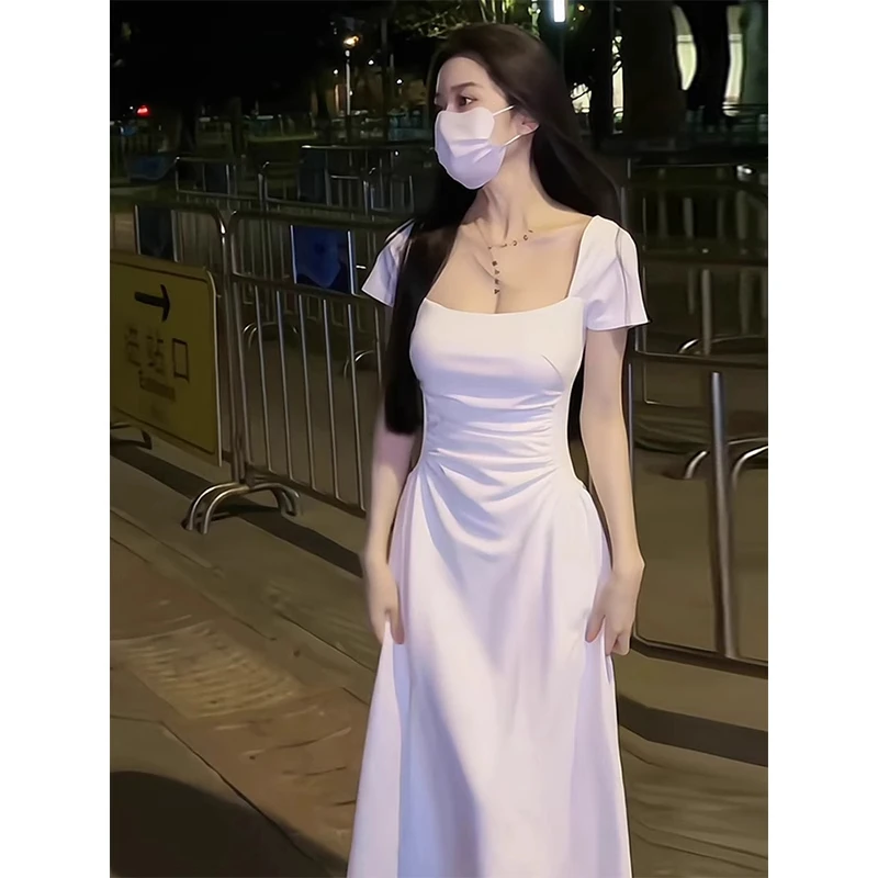 白色修身法式收腰短袖连衣裙女夏季爆款2025新款裙子高级感小白裙