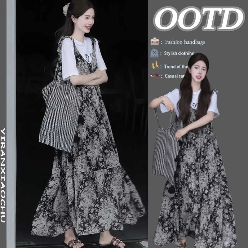 夏季甜辣妹套装女新款小众减龄碎花吊带连衣裙百搭短袖T恤两件套