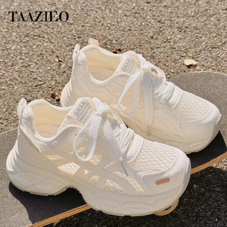 TAAZIEO夏季透气老爹鞋女百搭厚底小白鞋网面网鞋配裙子的鞋子运