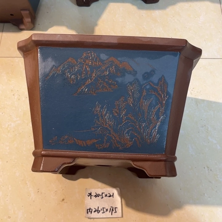 紫砂花盆  精品墨蓝刻绘切角大四方