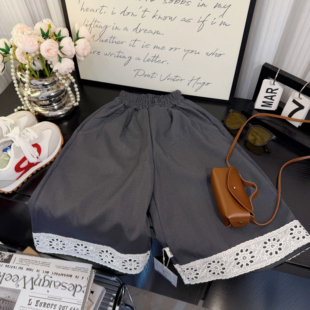 【亲子装】女童薄款阔腿裤2025新款蕾丝拼接花边裤清凉休闲裤夏