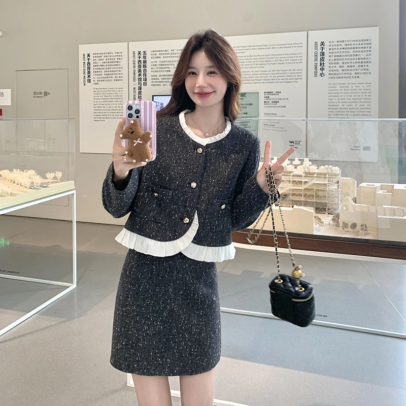 灰色法式木耳边拼接小香风套装裙女2025春季新款外套半身裙两件套