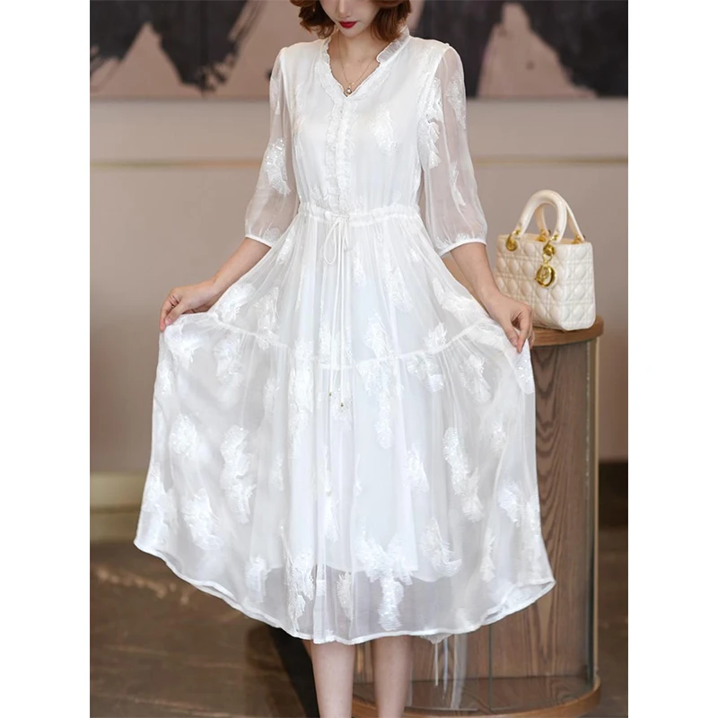 【千羽定制】连衣裙2025新款夏季白色V领女中长款收腰高端刺绣a字裙