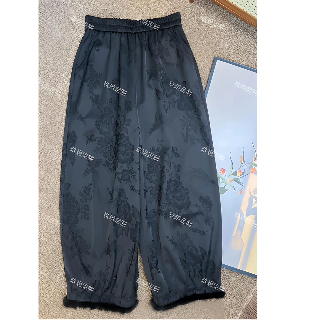 【专柜l正品】真水貂毛高腰阔腿长裤女加绒中国风百搭显瘦提花裤