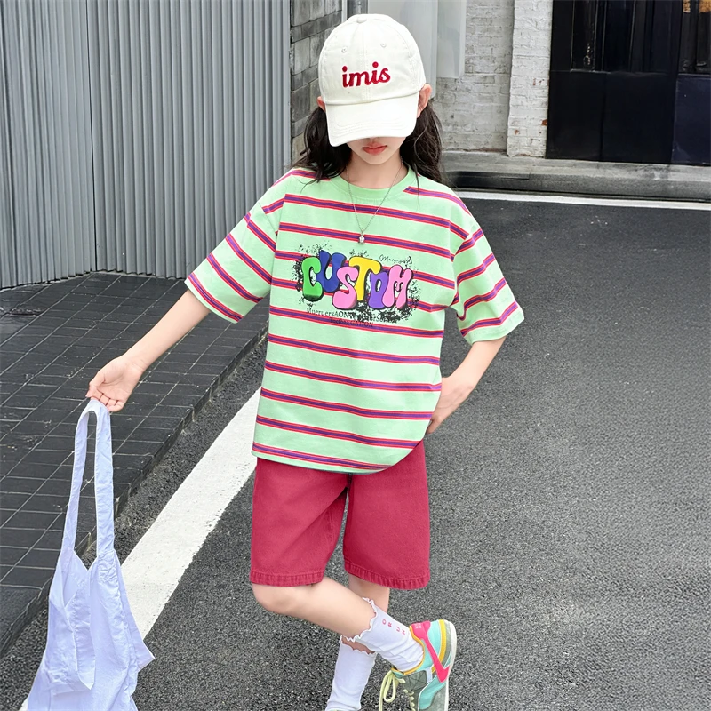 女童夏装套装韩版洋气新款中大童女孩条纹短袖短裤休闲薄款两件套