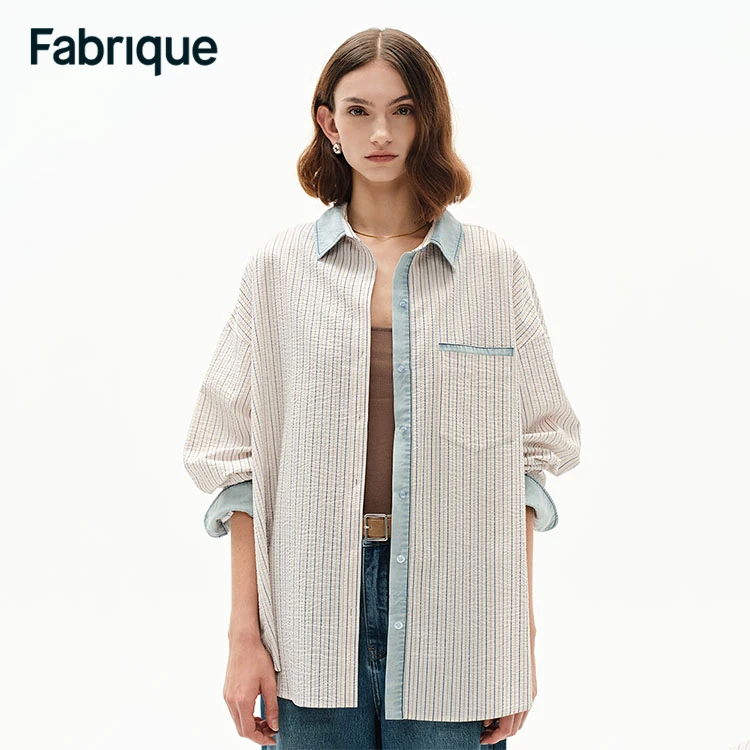 Fabrique Daisy【罗一舟同款】泡泡棉拼接长袖复古时尚牛仔条纹衬衫