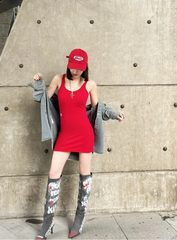 【MDX】25款夏季新款十字架刺绣包臀韩版连衣裙吊带背心短裙