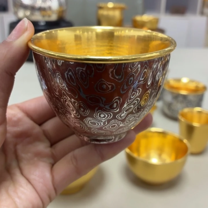 李小鹤银铜木纹金包金仿古杯120毫升