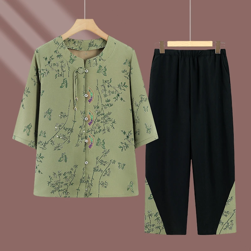 中老年女装奶奶夏装套装老年人妈妈上衣两件套老人老太太衣服新款
