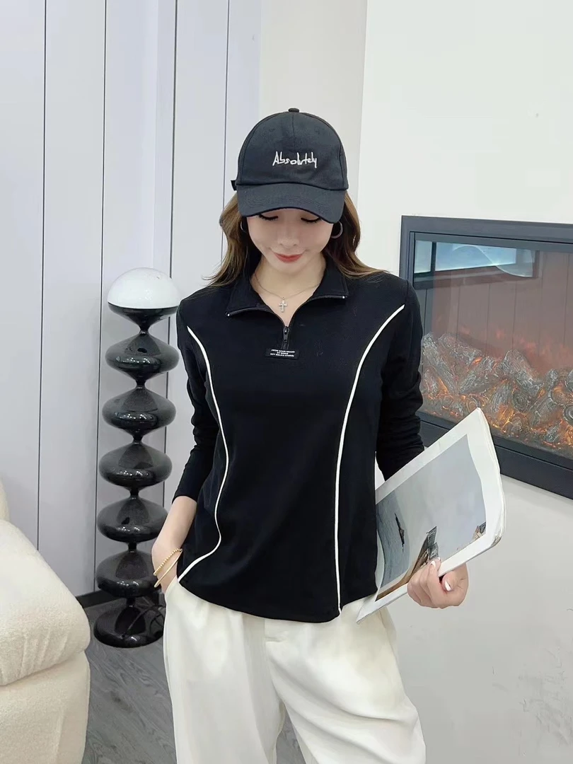 4007拉链T恤女长袖2025春款打底衫个性设计感上衣黑色丅恤百搭