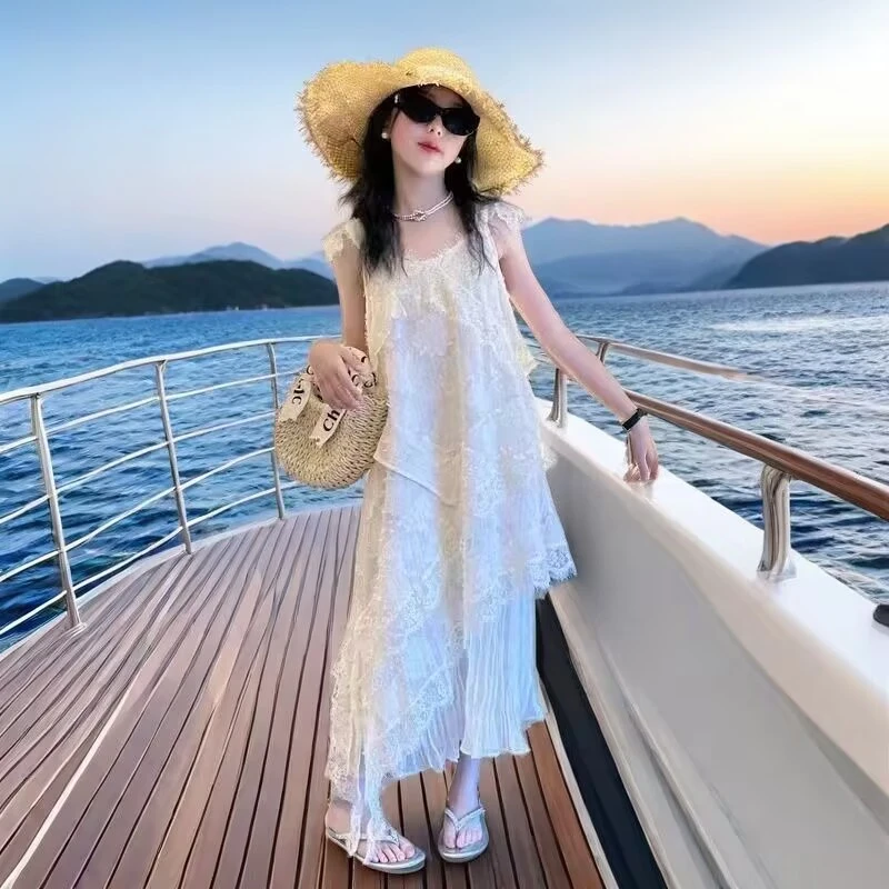 【高品质】母女吊带裙夏季新款中大童拼接不规则蕾丝连衣裙洋气长裙
