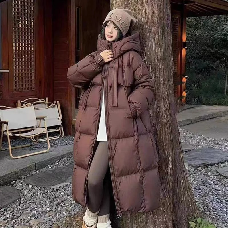 新款飘带棉服韩版加厚宽松棉衣秋冬中长款冬季长款过膝棉袄外套