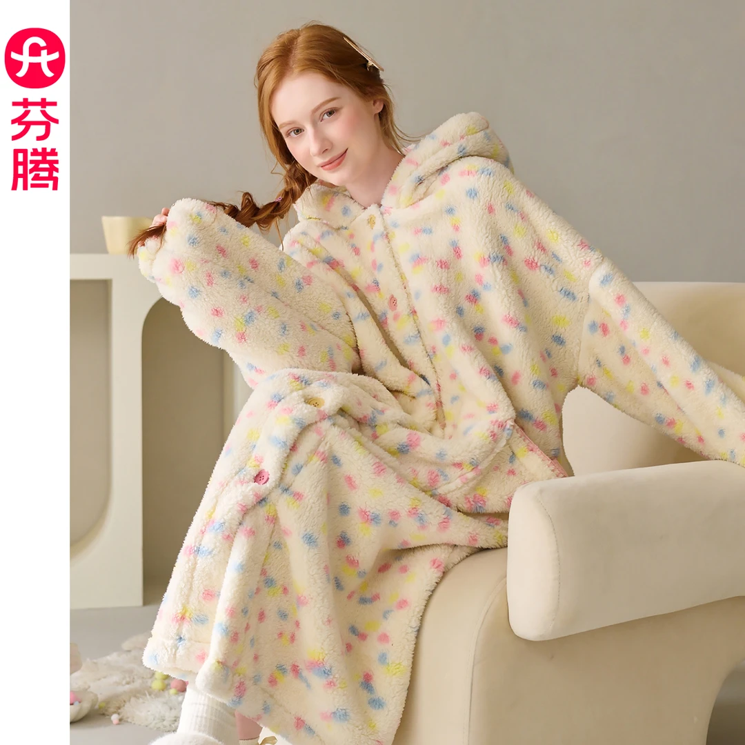 芬腾睡衣女款新款冬季加绒加厚保暖珊瑚绒睡袍长款连帽宽松家居服