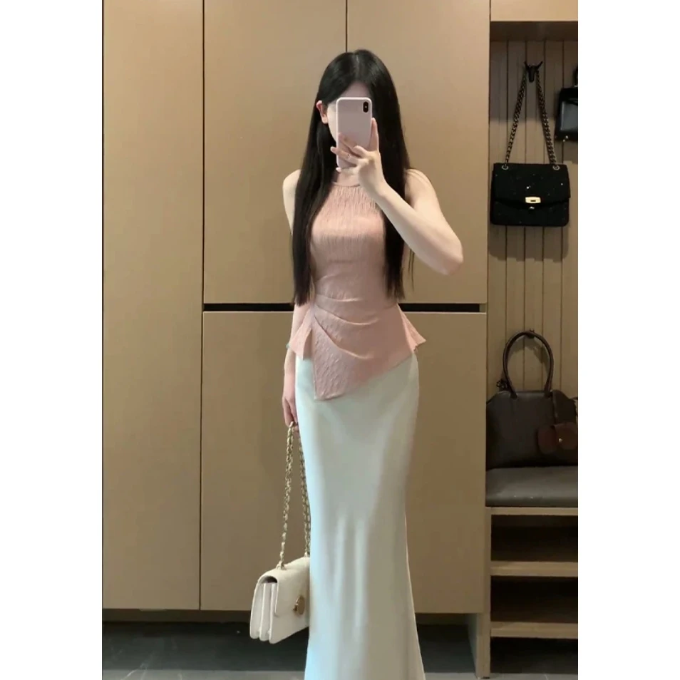 2025夏季新款女法式高级感圆领不规则无袖上衣高腰显瘦包臀半身裙