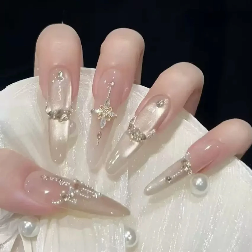 纯欲仙女款珍珠碎钻高定猫眼气质百搭仙女显白清透美甲甲片