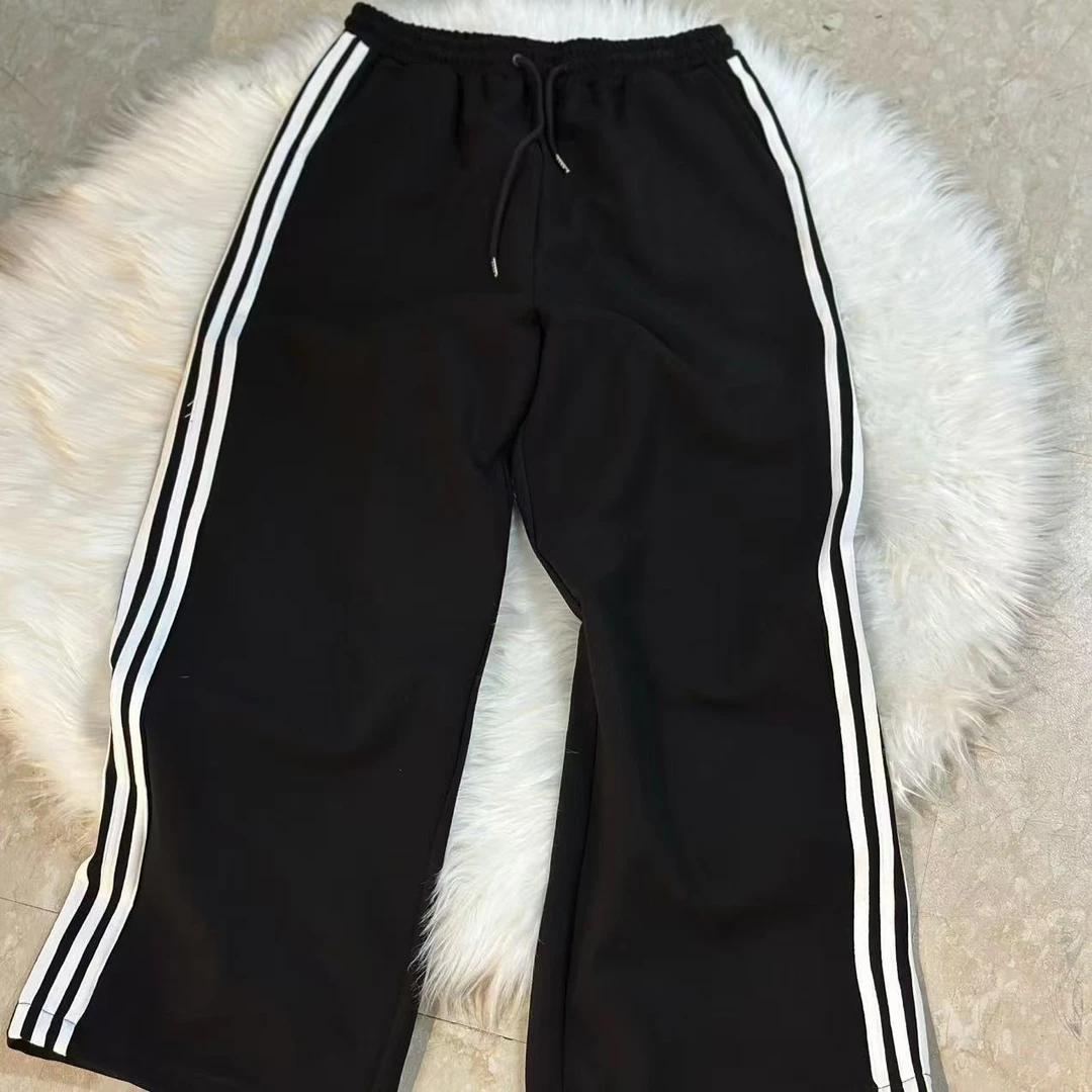 【二婷现货】黑色3XL白杠休闲阔腿裤