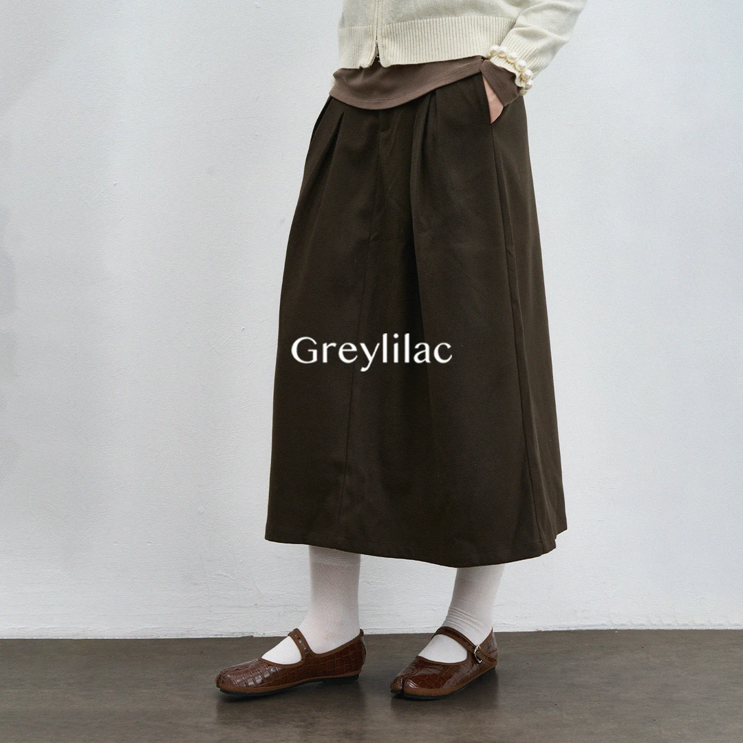 Greylilac 复古磨毛工字褶半身裙女宽松廓形A字长款R002