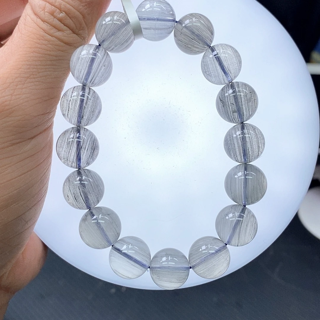 水晶未镶嵌手串14灰蓝兔毛13mm