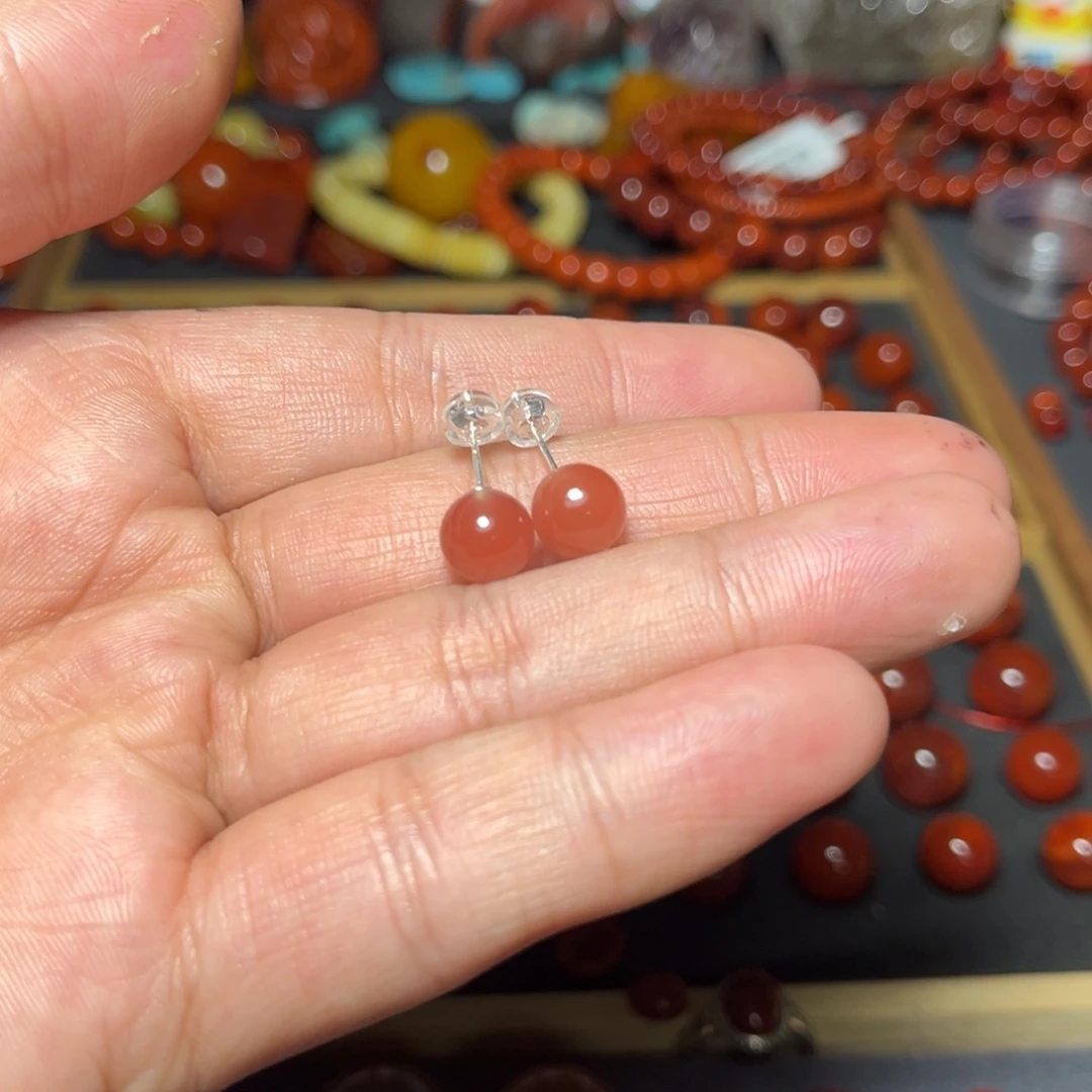南红玛瑙银S925镶嵌耳钉原矿瓦西精品耳钉