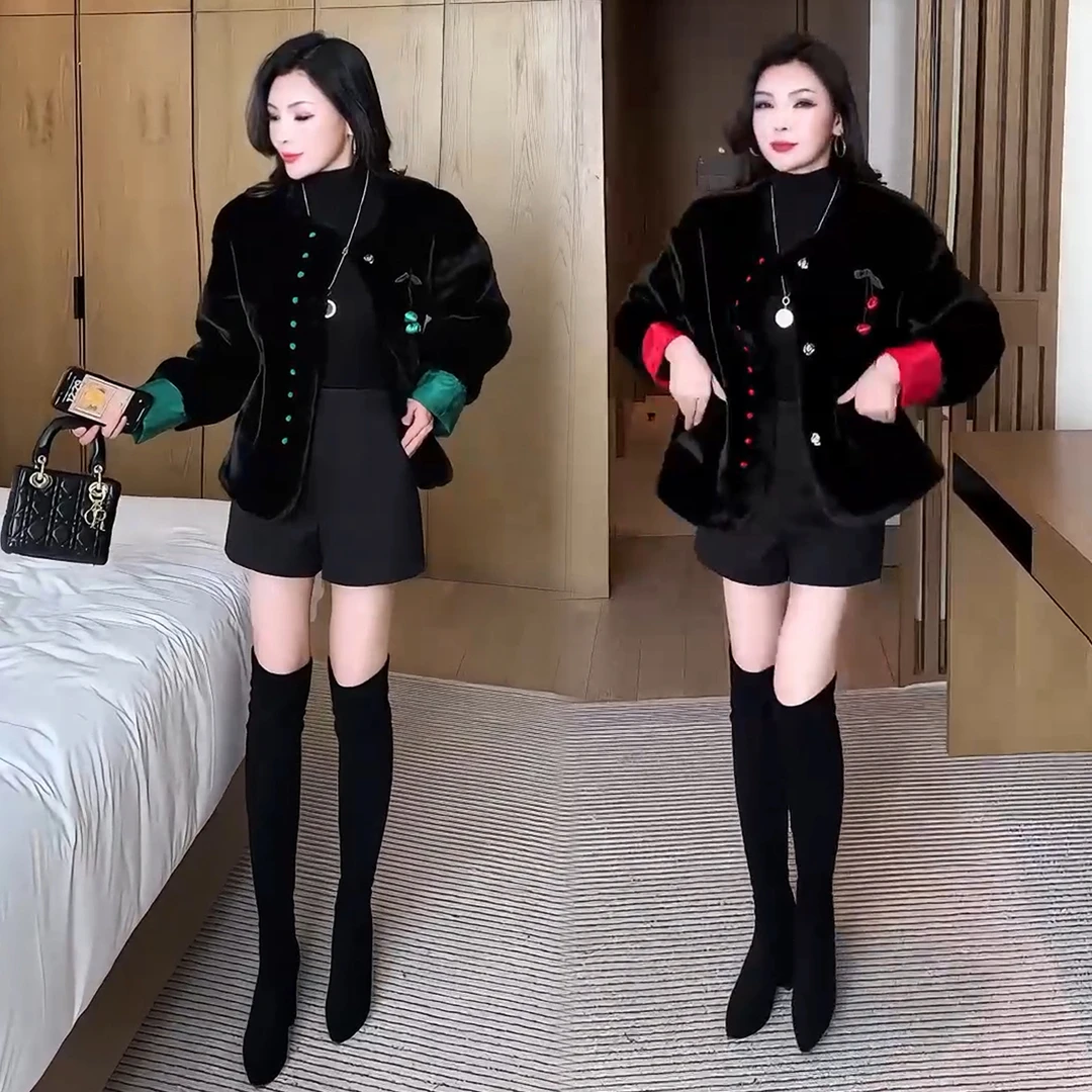 中式国风黑色保暖显瘦毛毛外套女2025冬新款高级感撞色短开衫上衣