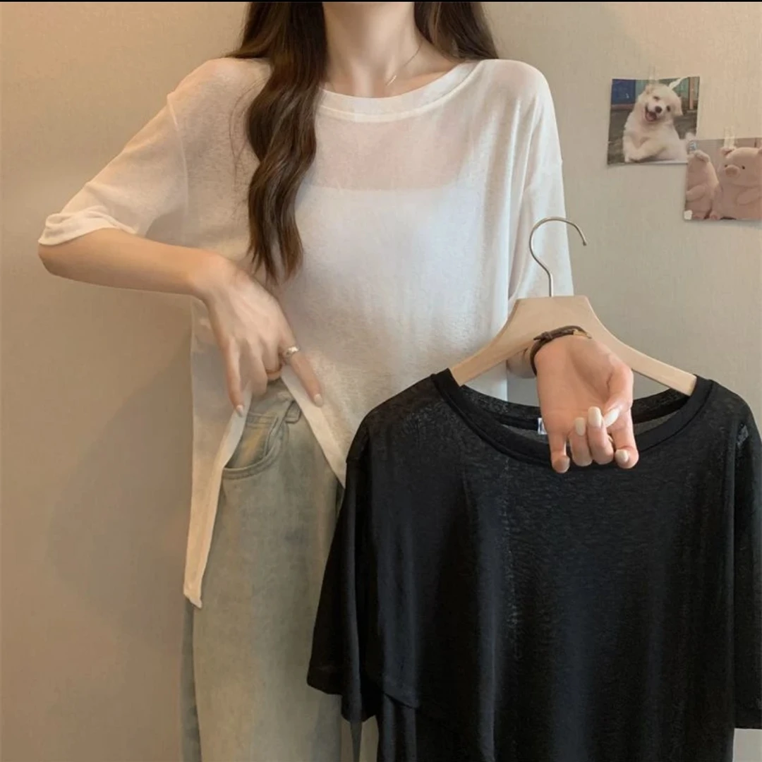 夏季马卡龙女开叉薄款短袖T恤防晒衫不规则纯色设计感