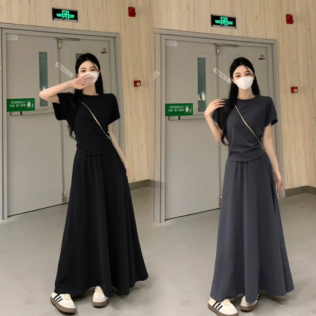 大码胖mm夏季洋气简约甜美纯色短袖T恤上衣裙子半身裙两件套女