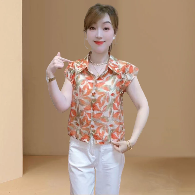 2025年夏季新款休闲减龄短袖衬衫女士百搭休闲碎花花边袖气质上衣