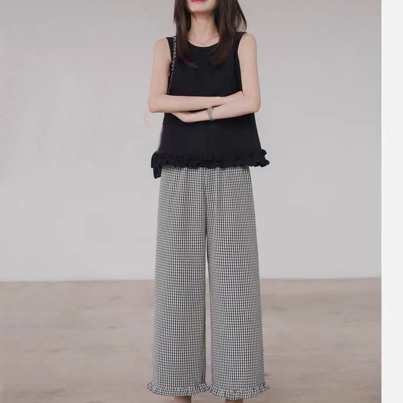 韩版美拉德风简约通勤时尚套装木耳边上衣格纹黑白阔腿裤0207