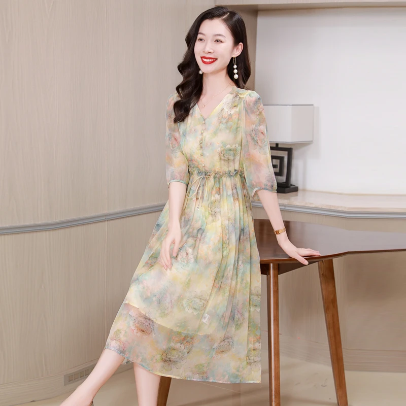 柏菲妮时尚碎花真丝桑蚕丝连衣裙2025新款夏装高端气质网纱花裙子