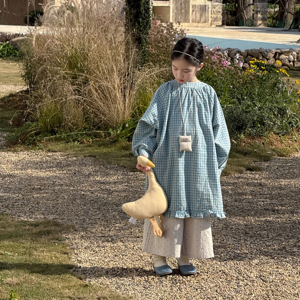 诺希家25春款女宝宝韩版花边格子长裙儿童长袖休闲宽松罩衫连衣裙