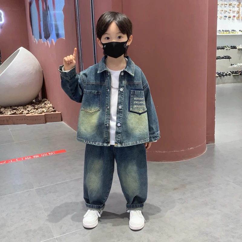 男童秋装套装2025新款潮酷儿童衣服小男孩牛仔外套宝宝T恤三件套