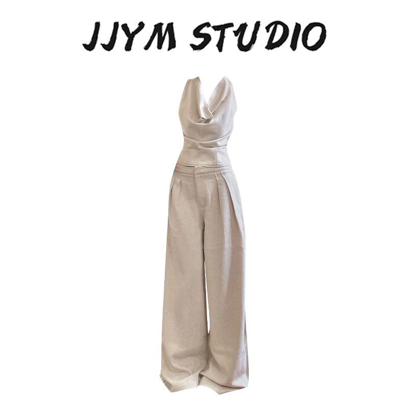 纯欲辣妹风高级感荡领挂脖系带上衣女春夏季新款休闲阔腿长裤套装