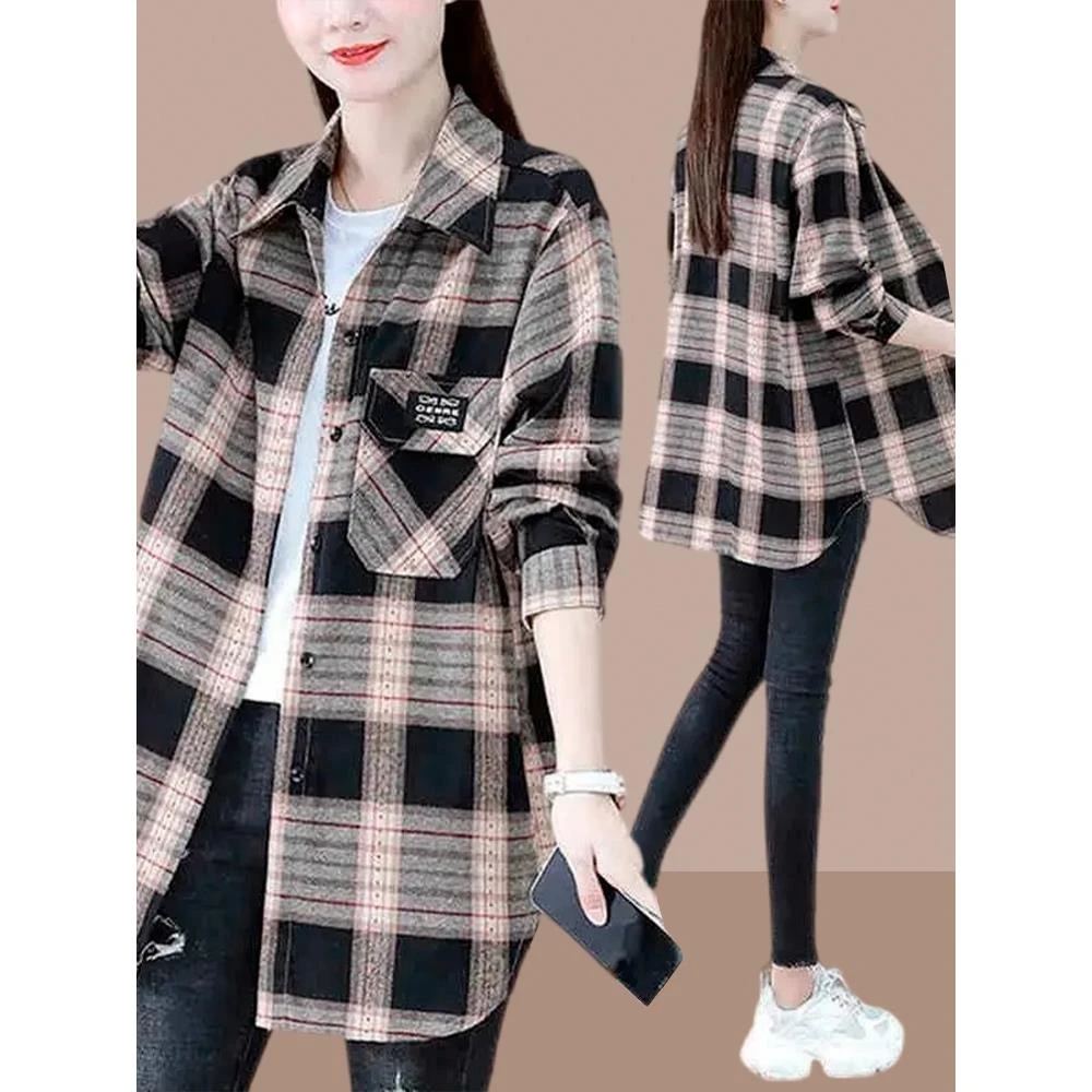 LOzP长袖衬衫外套女春秋2025新款格子开衫百搭中长款大码显瘦上衣