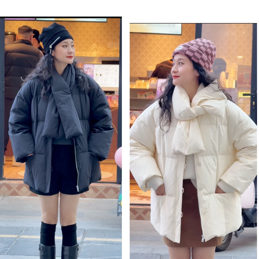 韩版保暖奶糖泡芙时尚中长款羽绒服