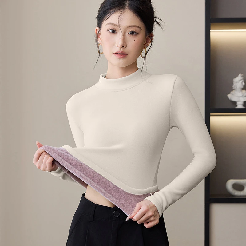 加绒加厚打底衫女2025秋冬新款半高领奥利绒保暖长袖恤内搭上衣