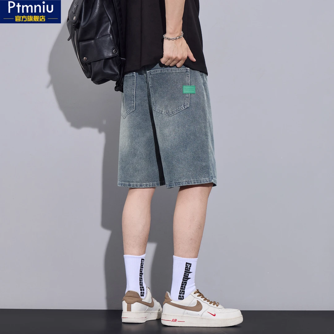 冰氧星空纹牛仔短裤男士2025夏季薄款宽松直筒潮牌阔腿五分中裤子