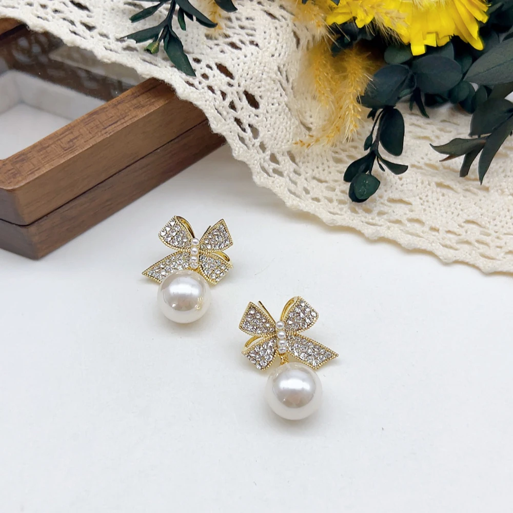 铜合金仿珍珠耳饰 银针 03074 好啊商店 蝴蝶结珠珠耳钉