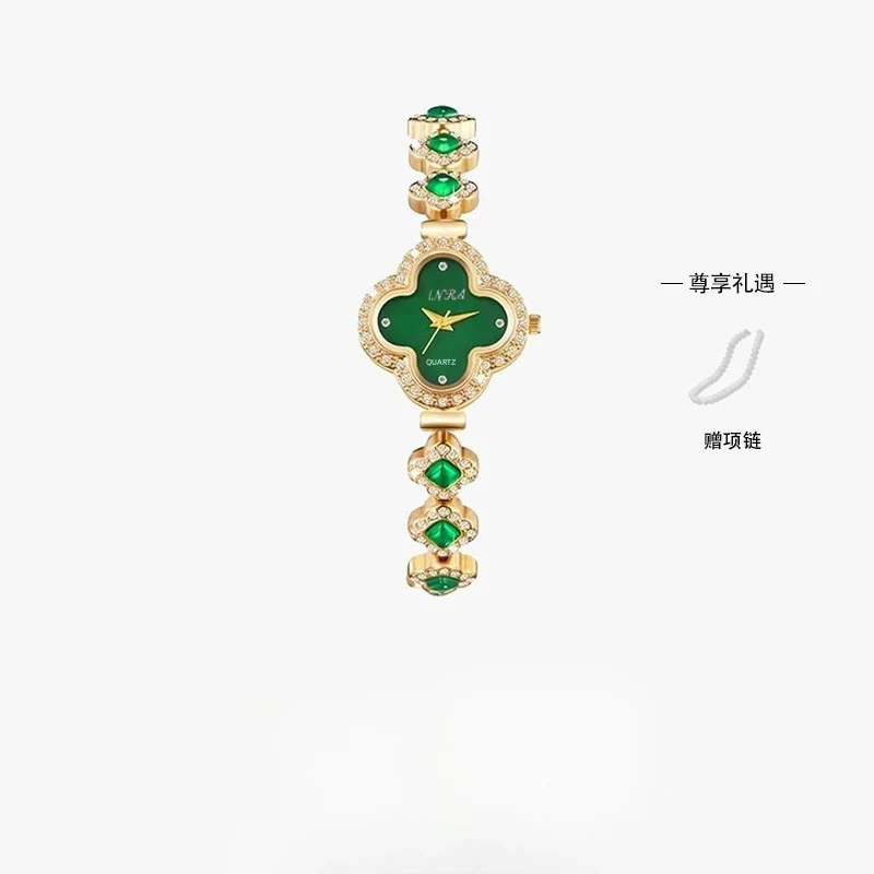 BDH复古奢华国风绿色四叶草幸运花女士手链表——赠项链