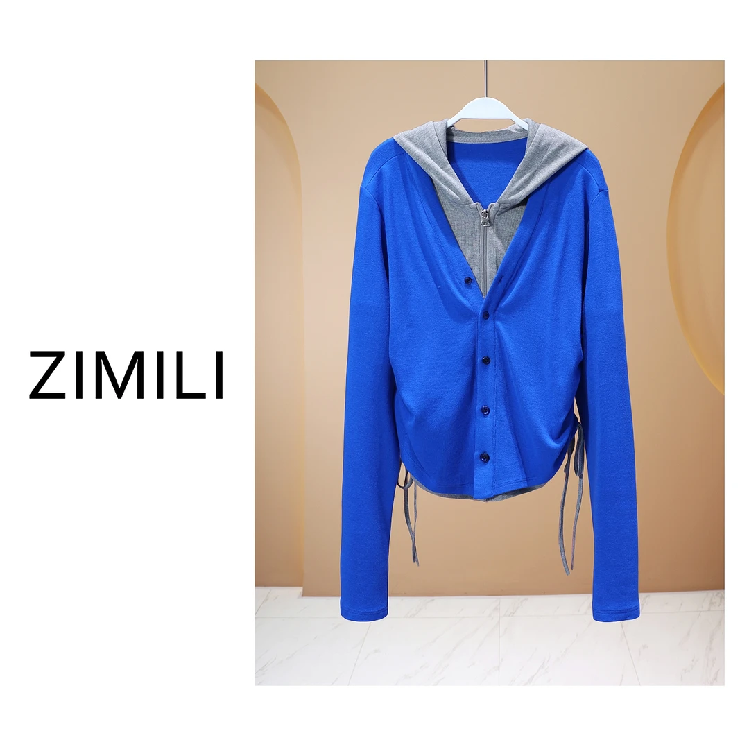 【子秋女装】2025设计师新款宝蓝色撞色假两件舒适收腰连帽开衫5990