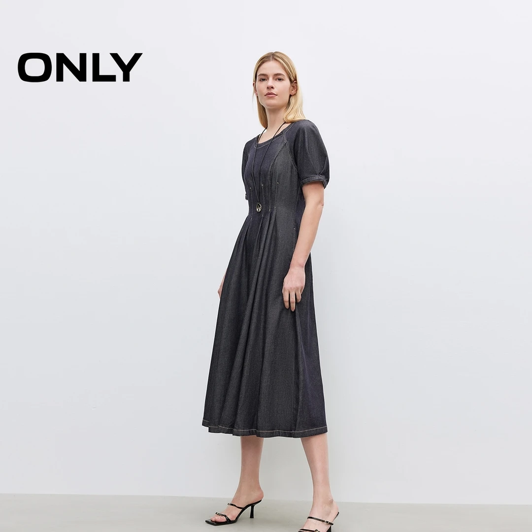 ONLY2025秋季新款纯色伞裙泡泡袖短袖牛仔长裙连衣裙女|125142022