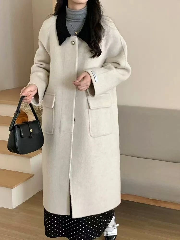 【CC宠粉专属】气质轻奢百搭撞色领长款绵羊毛双面呢大衣