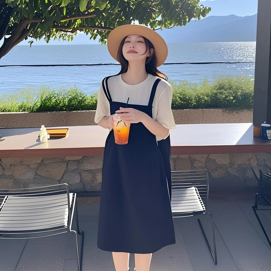 假两件拼接小个子连衣裙休闲穿搭学院风减龄韩系撞色连衣裙夏装